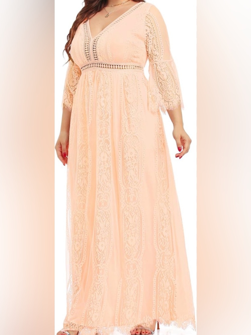 Plus-Size Lace V-Neck Maxi Dress in Peach